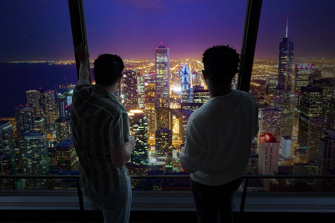 Chicago night skyline view from 360 CHICAGO Observation Deck