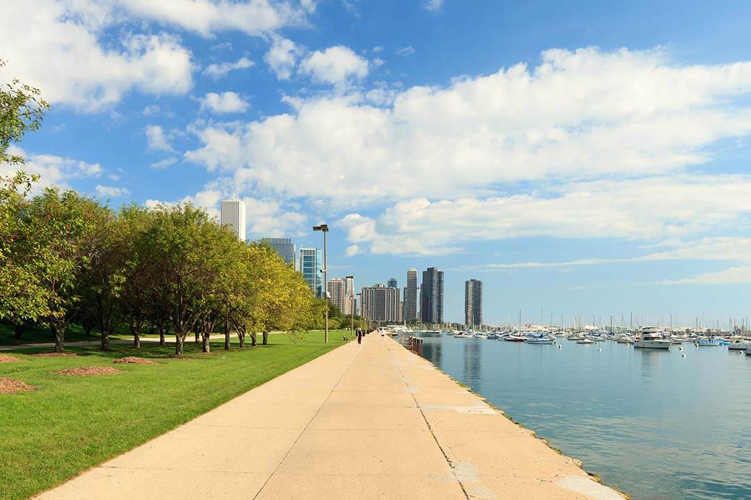 The lakefront Trail in Chicago on the banks of Lake Michigan